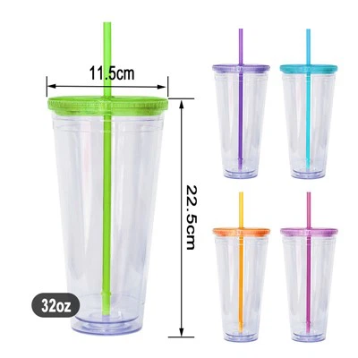 Divkārša sienas plastmasas kauss ar salmiem 32oz